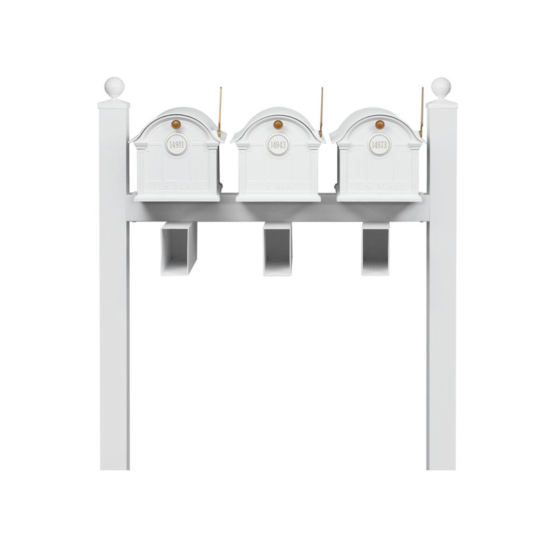 Balmoral Triple Mount Mailbox /w/ Ball Finials, Personalized Door Medallion, Newspaper Box (3 Mailboxes, Tri-Mount Rack, 3 Newspaper Boxes, 3 Medallions)