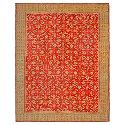 Brilliant Red Color with Pattern of Palmettes Design Antique Agra Rug