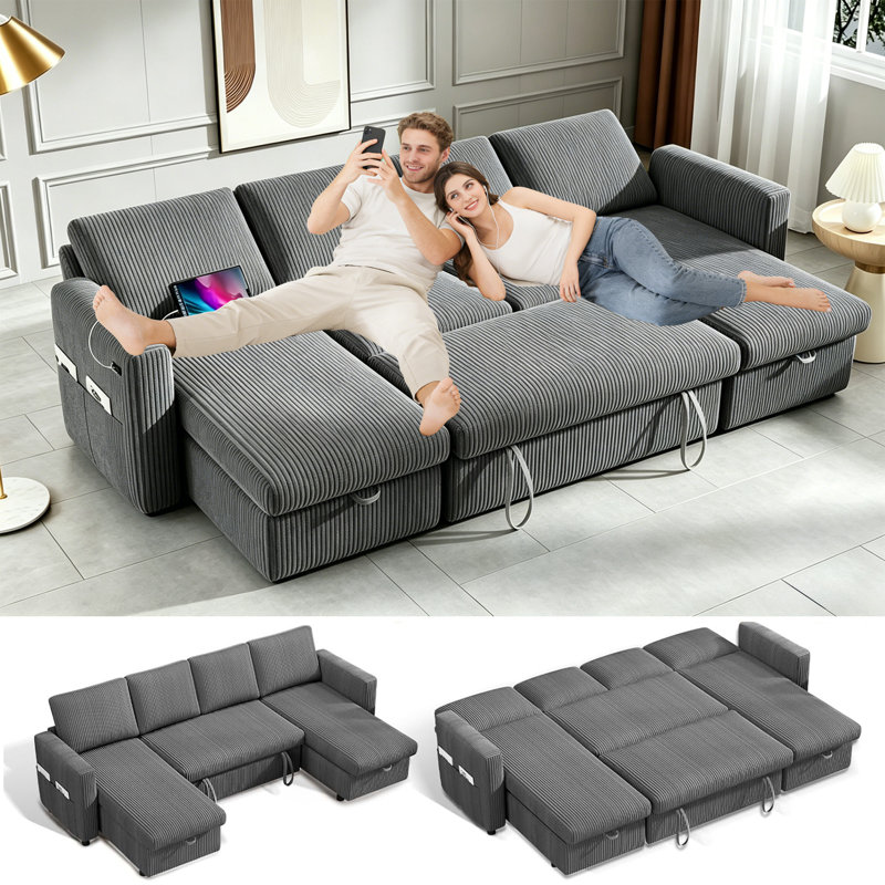 Canapé-lit en forme de U, canapé-lit convertible 4 places avec inclinaison à 4 niveaux, ports USB / Type-C, méridienne réversible et poches latérales, assemblage sans outil pour le salon