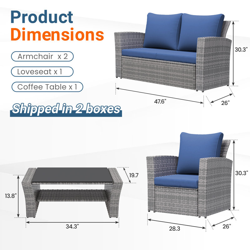 Arora 4 Piece Rattan Sofa Seating Group with Back&Seat Cushions, Gray Frame/Blue Cushion