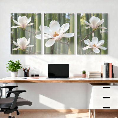 Ensemble de 3 tableaux sur toile tendue représentant des fleurs de magnolia et du bambou, pour la décoration du salon et de la chambre à coucher.