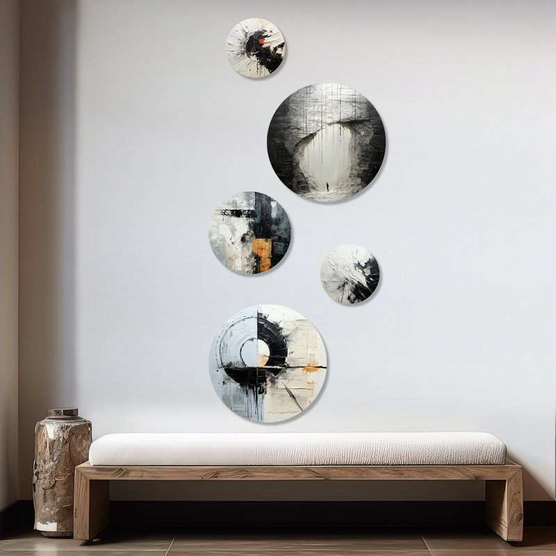 «Geometric Moon Eclipse», peinture abstraite, ensemble d'art mural rond sur 5