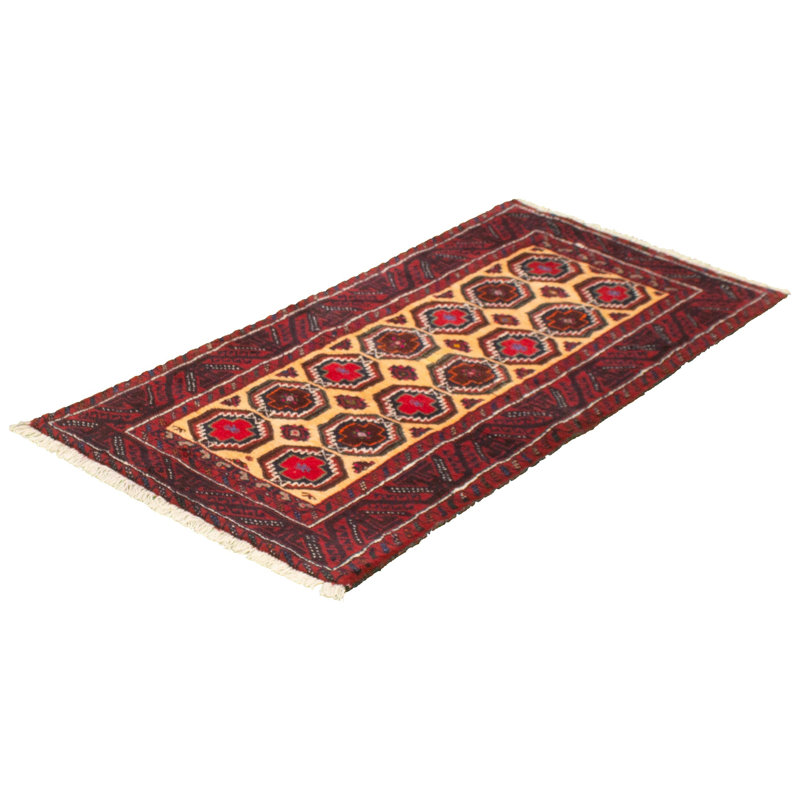 Tapis décoratif en laine noué à la main de conception unique 3 pi 1 po x 6 pi 1 po Betsye de couleur crème/rouge foncé