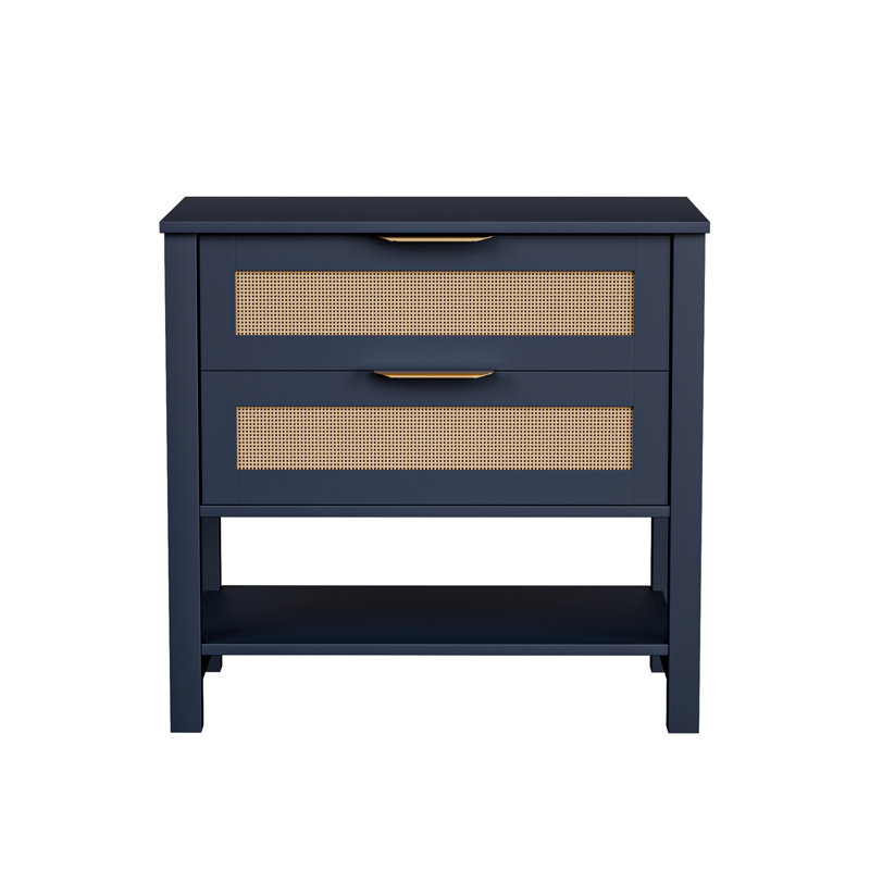 Table de chevet en rotin Boho avec 2 tiroirs et tablette de rangement ouverte, Navy Blue