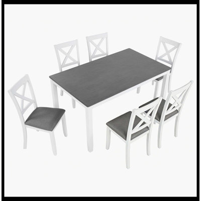 Ensemble 7 pièces de table et chaises en bois massif - table moderne de 58,5 pouces avec 6 chaises rembourrées à dossier en X, deux tons gris et blanc pour la cuisine et la salle à manger