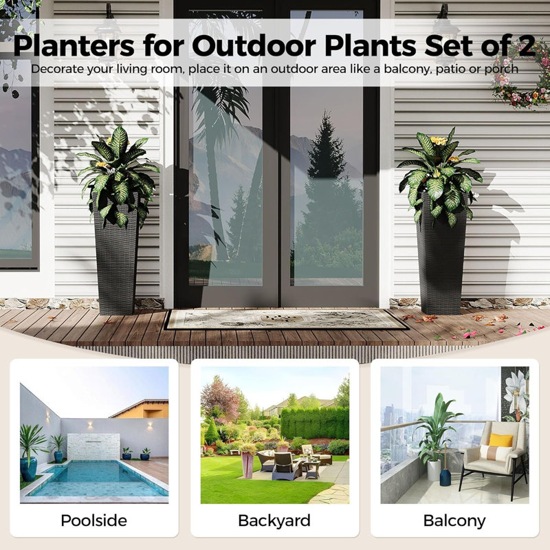 2-Pack Extra Deep Outdoor Planters with 4 Drainage Holes, Large Decorative Flower Pots for Patio, Backyard, Home & Garden,Black in 32 Inch Tall