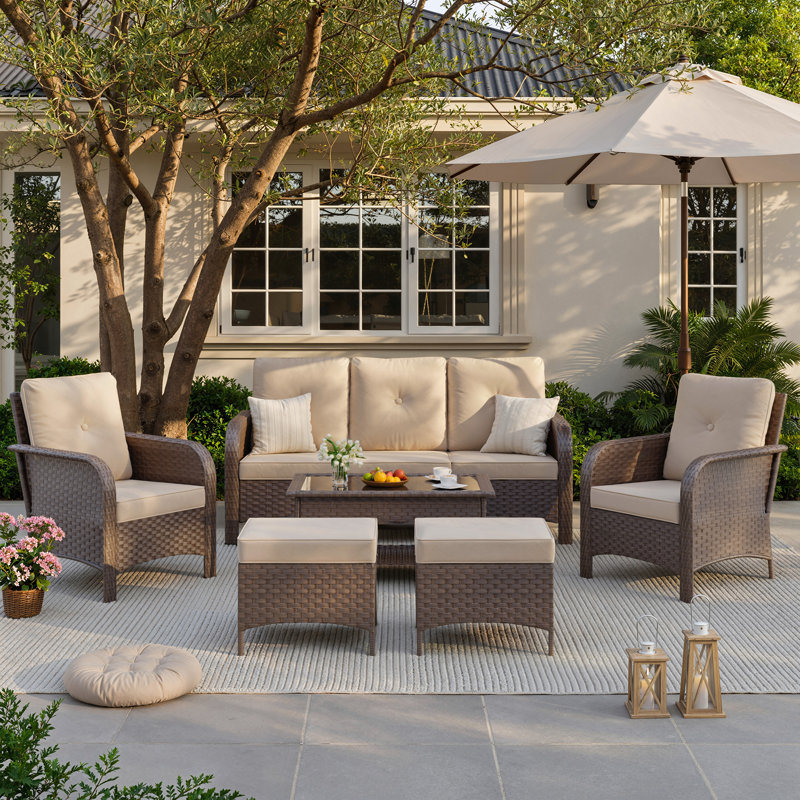 Ensemble de conversation de patio 6 pièces, ensemble de meubles de patio en osier toutes saisons avec cadre en acier, repose-pieds multi-usage et table basse de rangement pour la cour, le porche, le jardin
