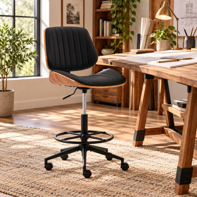 Chaise de bureau ergonomique réglable avec anneau repose-pieds, chaise de bureau pivotante à 360 ° sans accoudoirs et bois courbé