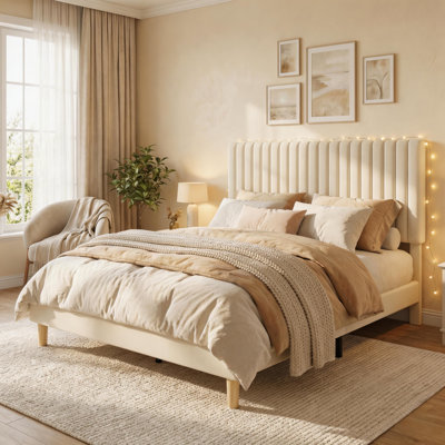 Full Bed Frame with Adjustable Headboard, Velvet Upholstered Platform Full Size Bed Frame, Vertical Channel Tufted, Strong Wooden Slats, No Box Spring Needed, Easy Assembly, Beige