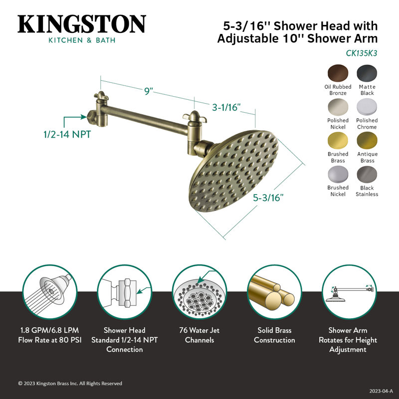 Pomme de douche ronde en laiton victorien 5-1 / 4 pouces avec bras de douche réglable haut-bas Kingston Kingston