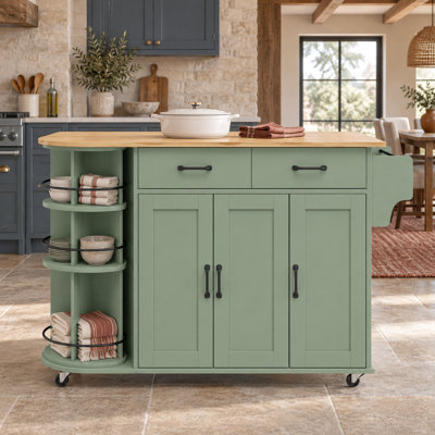 Modern Farmhouse Drop Leaf and Rotating Storage Kitchen Island with Power Outlets for Kitchen and Dining Room