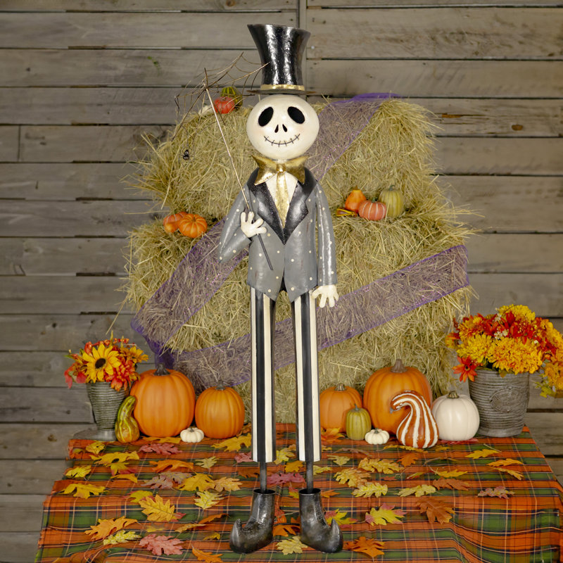 54.25in. Tall Old School Dapper Skeleton Man with Spider Web Umbrella - Mr. Bones, 54.25" H x 17.25" W x 9.5" D