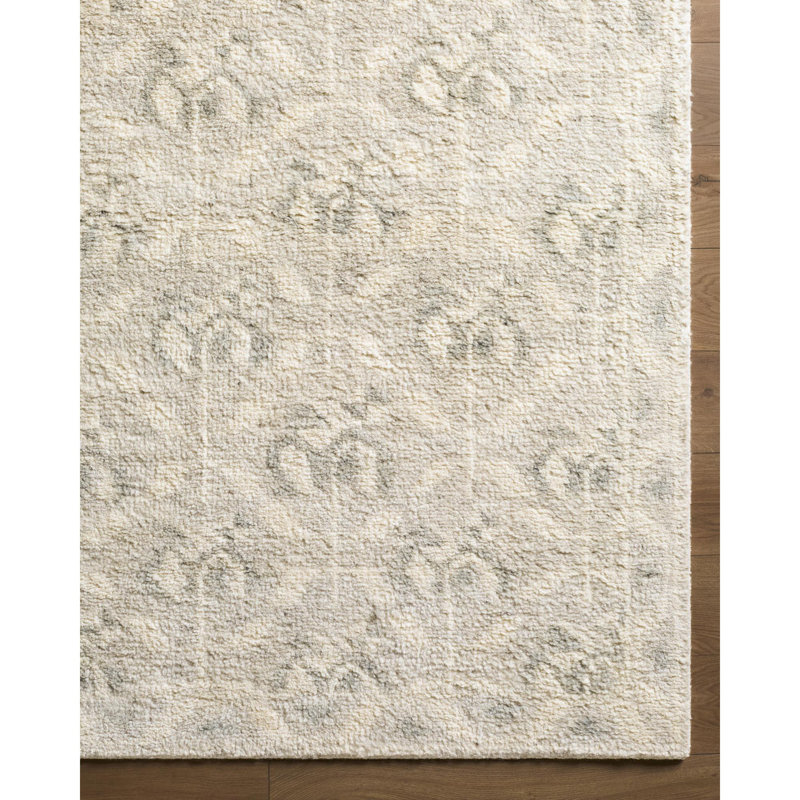 Anni Hand Knotted Block Print Area Rug in Beige, Rectangle 6' x 9'