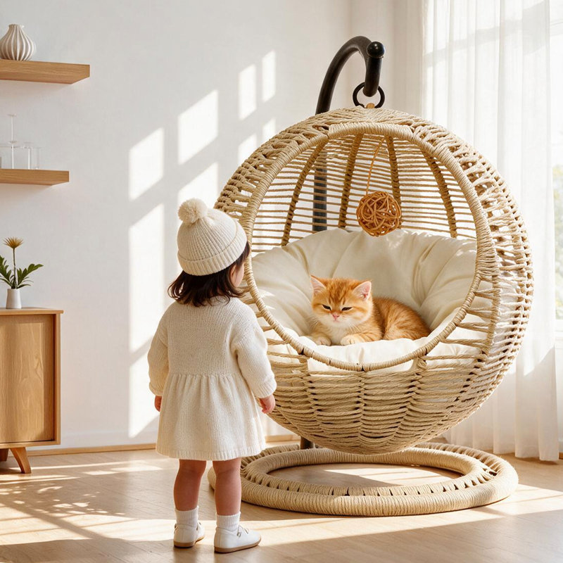 Freestanding Egg Shaped Hand Wicker Cat Bed with Stand, Removable Washable Cushion & Hanging Toy Indoor Pet Nest
