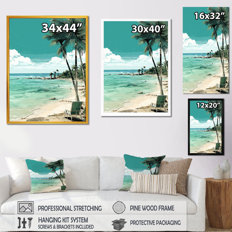 «Island Serenity Chair By The Beach» - art mural bord de mer tropical, Cadre flottant brun, H 40 po x l 30 po