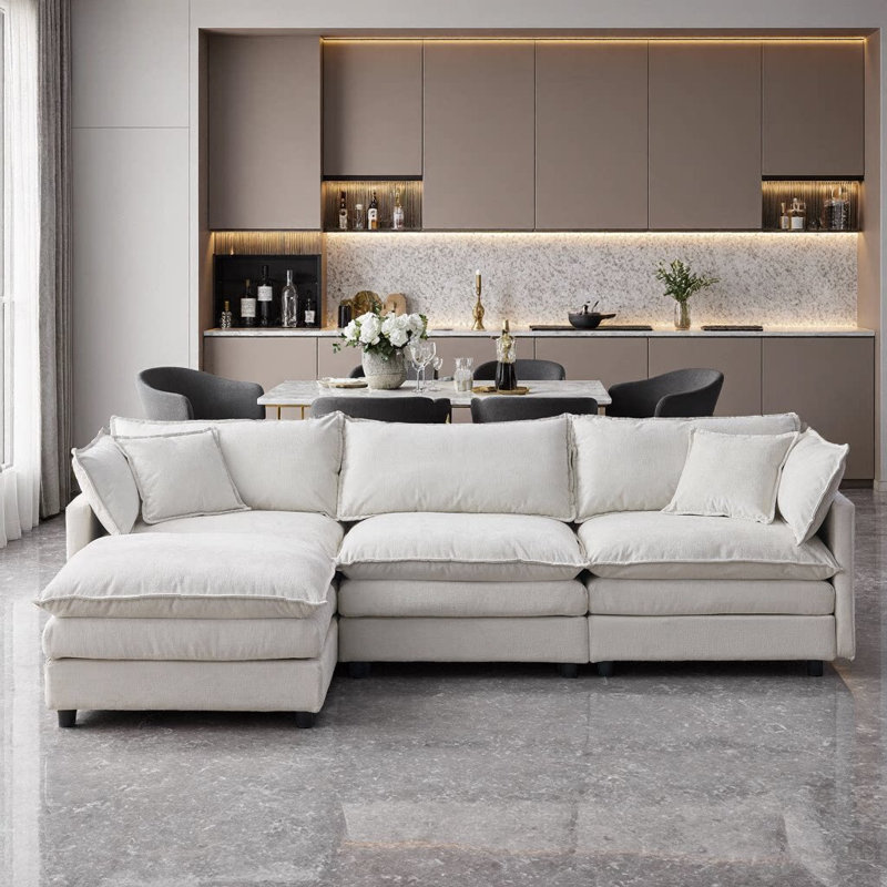 Canapé modulaire en L 105 po avec repose-pieds modulaire de 105 po en L chenille doux, Beige