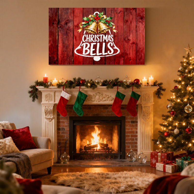 Cloches de Noël sur fond de bois rouge, ensemble de 3 impressions d'art sur toile, H 20 po x l 30 po