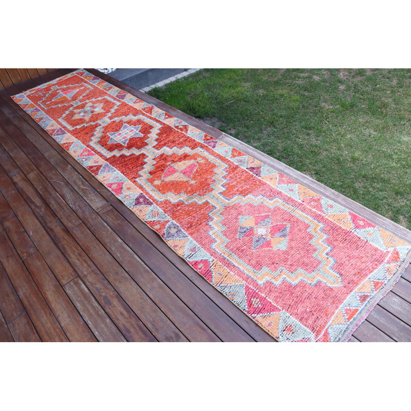Tapis de couloir rétro Anatolian Herki avec frange orange pour couloir