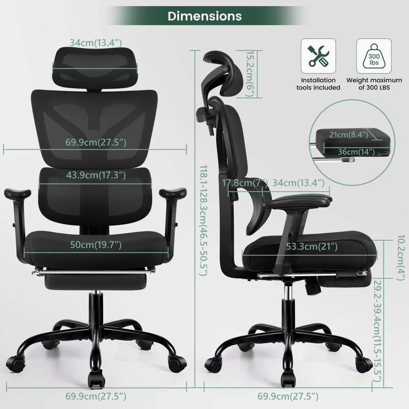 Baram Home Office Ergonomic Mesh Task Chair with Headrest and Footrest, Black, Black