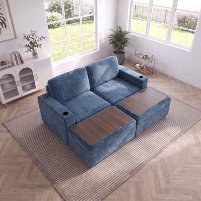 Canapé-lit convertible modulable 78,7 pouces en chenille avec rangement, ports USB et porte-gobelets pour salon, bleu