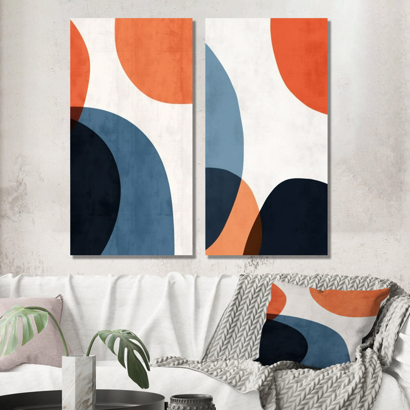 Bleu et orange, motif boho minimaliste I - ensemble de salon mural abstrait minimalisme minimalisme, H 32 po x l 33 po