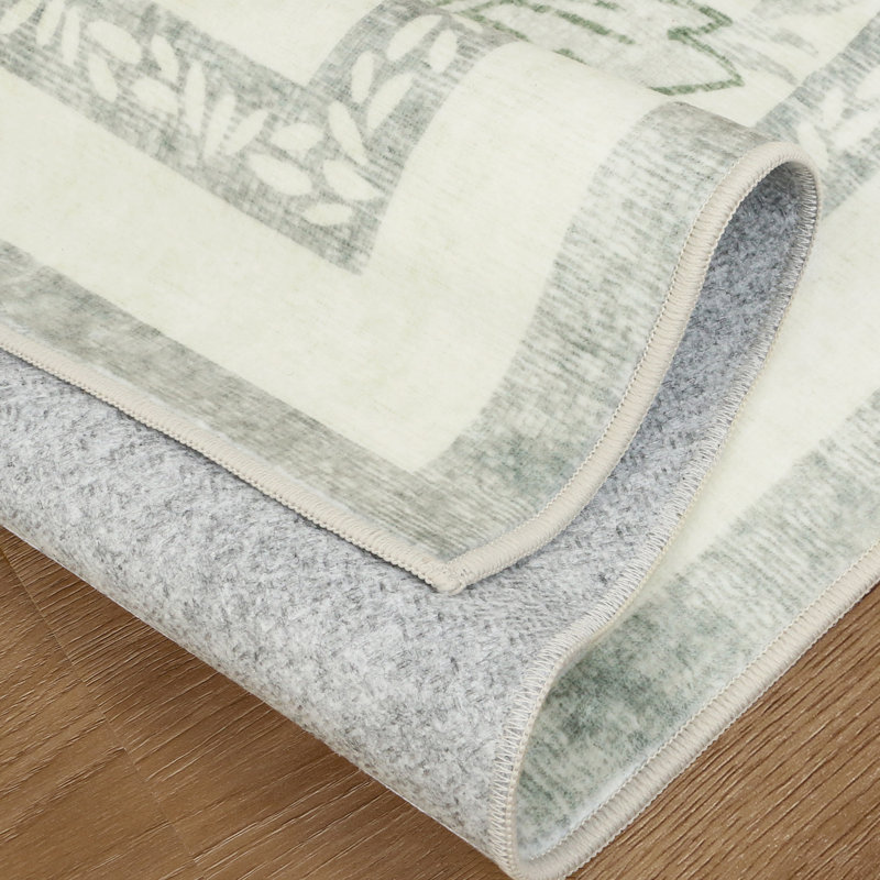 Bloom Floral Green/Beige Non-Slip Machine-Washable Area Rug, Beige/Green, Rectangle 5' x 7'