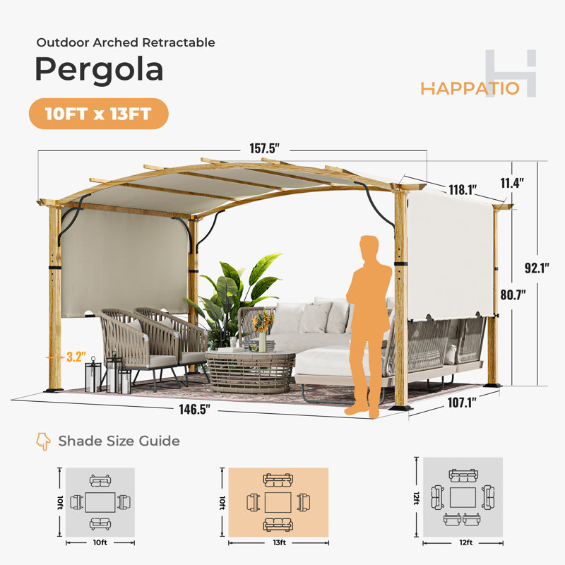 Pergola en aluminium avec auvent, H 92,10 po x l 157,50 po x P 118,10 po, Auvent beige / structure en grain de bois naturel
