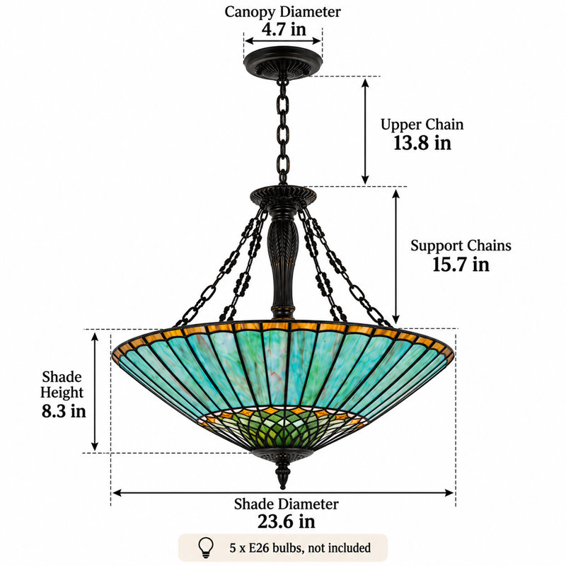 Lustre suspendu à 5 lumières en vitrail inspiré du paon, avec chaîne noire, Ampoules non incluses