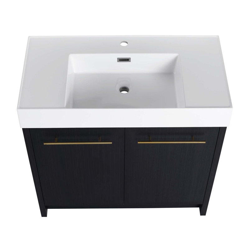 Meuble-lavabo autoportant avec lavabo en résine et porte à fermeture douce, 35"