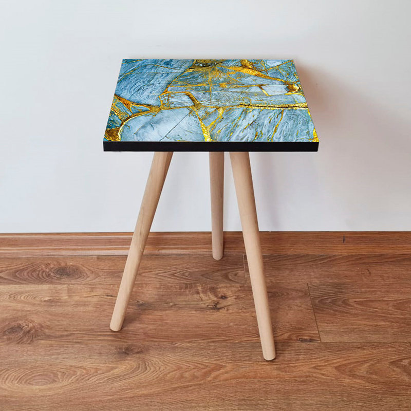 Stylish Side Table, Blue & Gold Abstract Marble Design, 13.8 x 16.5 x 13.8 inches | 100% MDF with 0.7-inch Thickness, Beech Wood Legs | Perfect for Living Room, Bedroom, and Modern Home Décor