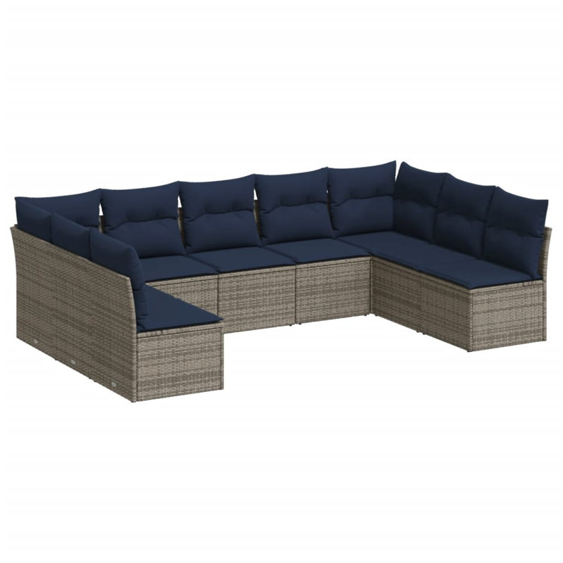 Ensemble de canapé de patio 10 pièces avec coussins en rotin de polyester gris, Coussin bleu marine / structure grise