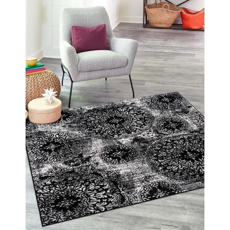Tapis floral Brandt, Carré 6 pi 1 po, Noir / blanc