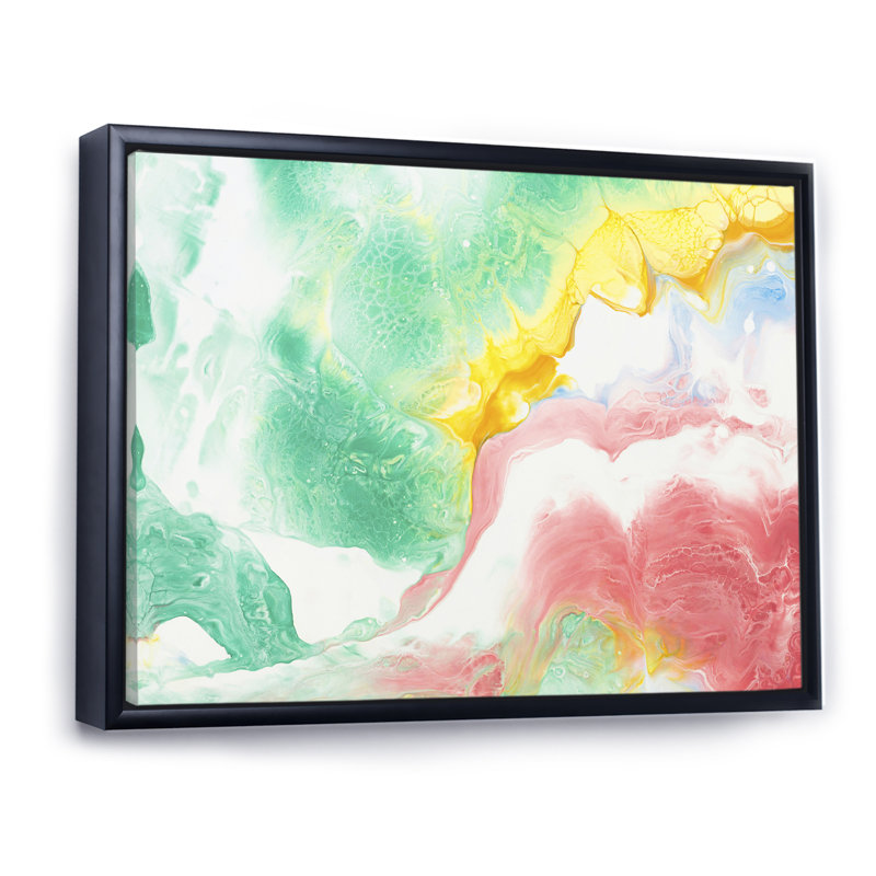 Encre verte, jaune et rouge - peinture sur toile, H 34 po x l 44 po x P 1,5 po, Cadre flottant noir