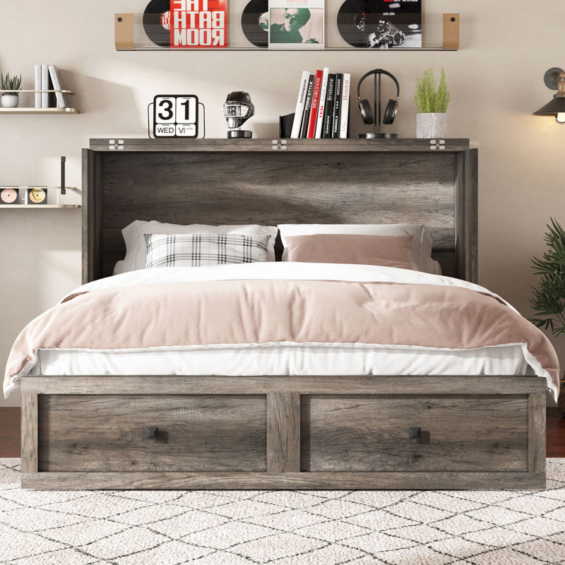 Revan Farmhouse Queen Murphy Bed With Storage & Charging Station, Gray, Queen, Gray