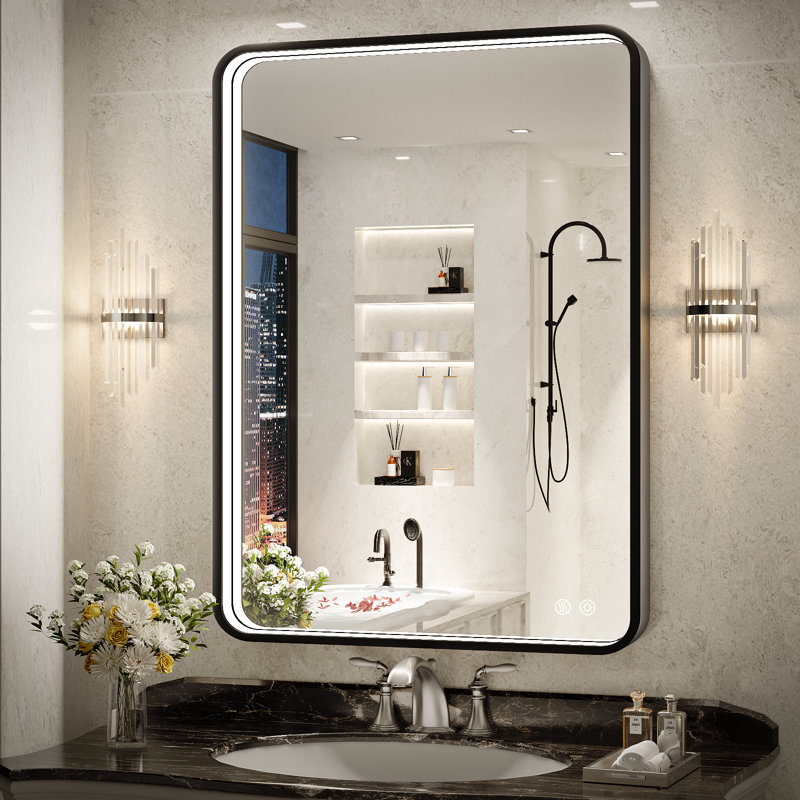 36"x24" Rectangle LED Bathroom Mirror, Metal Frame Vanity Mirror with Lights, Anti-fog, Dimmable&3 Colors Temperatures Adjustable, Memory Fuction