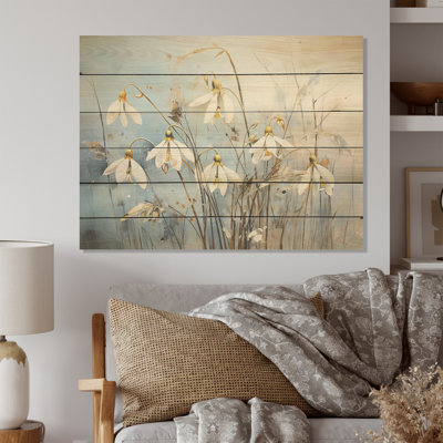 Blue And Gold Snowdrop Flower Simplicity - Snowdrops Wood Art On Natural Pine Wood