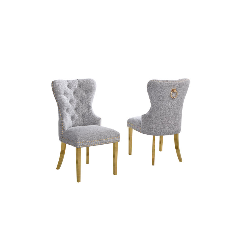 Chaises d'appoint capitonnées à boutons capitonnés avec garniture cloutée, Gris riche, Doré