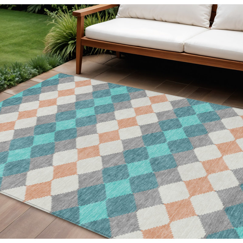 Tapis d'extérieur lavable à motif géométrique bleu sarcelle et gris 10 'X 14'