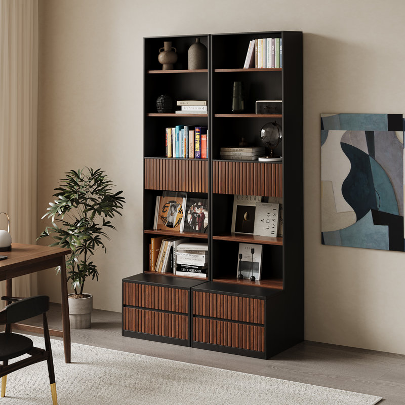 Ensemble de 2 - Bibliothèque standard avec rangement H 78,7 po avec repose-pieds et tiroirs de rangement, Noir