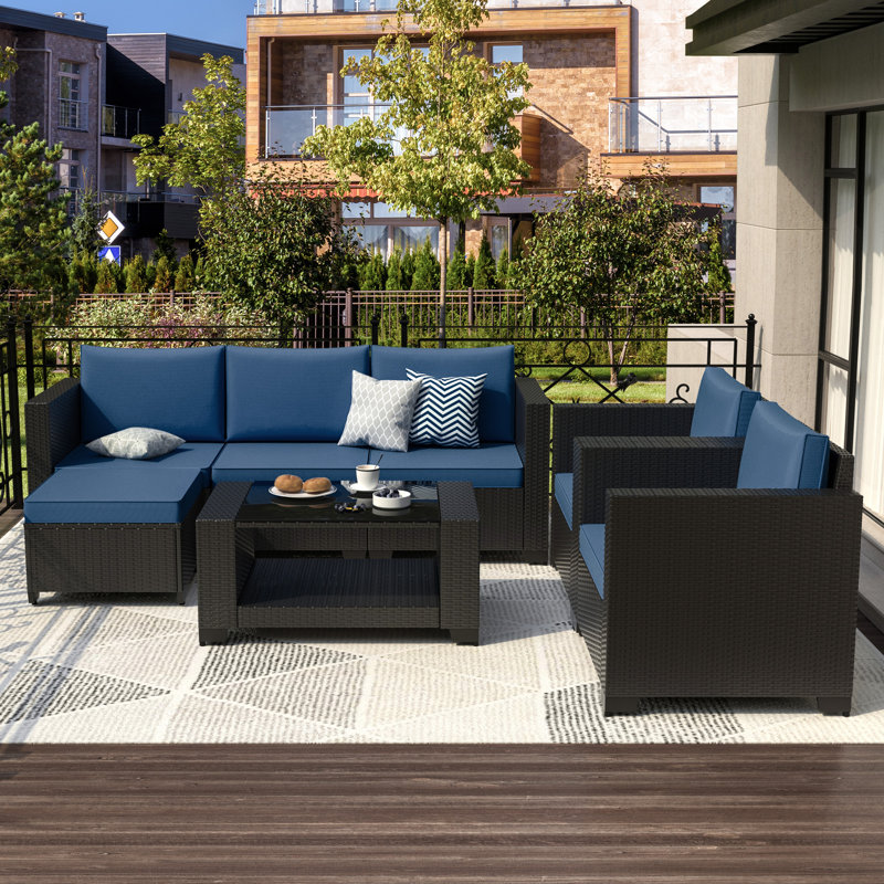 Ensemble de conversation modulaire d'extérieur en osier 7 pièces, ensemble de conversation en rotin avec coussin, bleu