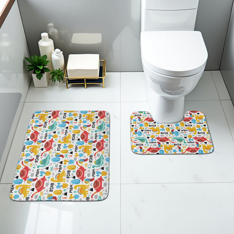  Dinosaur Bathroom Rug Set 2 Pieces Rectangle & Contour Mats Multicolor