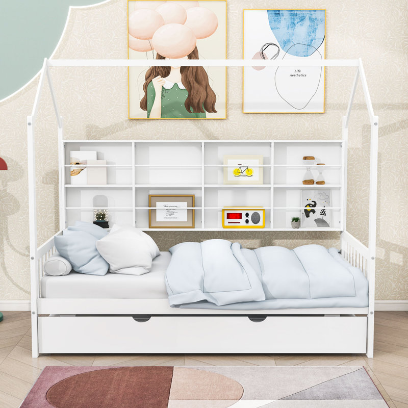 Wooden House Bed with Twin Size Trundle and Shelves, White, Twin