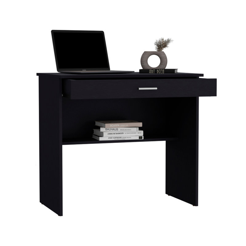 80 C Writting Desk, Compact Workstation with Drawer and Lower Shelf, Black