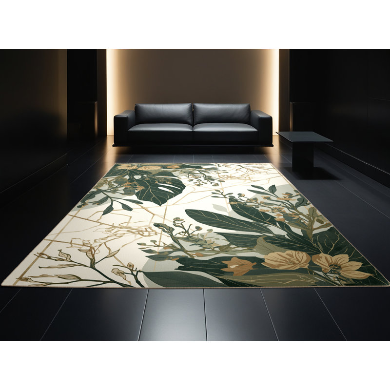 Tapis floral beige lavable à la machine Pavla, Rond 8 pi