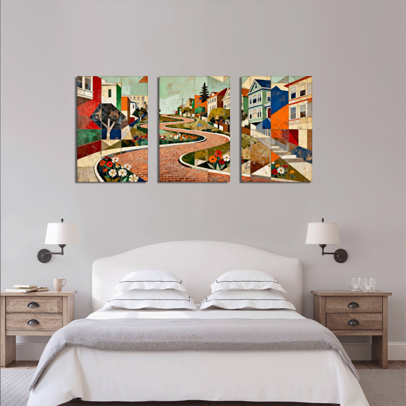 Tableau abstrait coloré représentant un paysage urbain, sur toile tendue (lot de 3), H 30 po x l 60 po