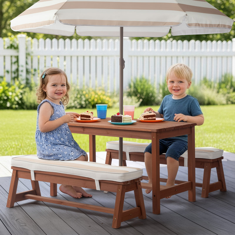 Table de pique-nique et banc pour enfants avec parasol et coussin, Brun