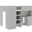 Lit mezzanine pleine grandeur gris avec garde-robe intégrée, bureau et unités de rangement spacieuses avec finition en bois, bureau et garde-robe