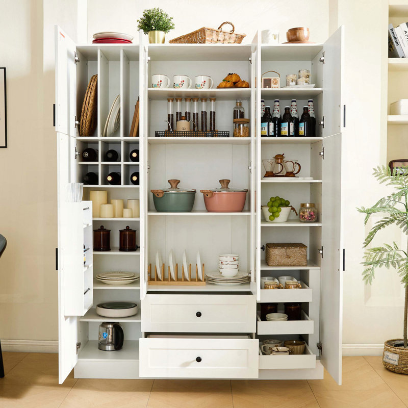Grand garde-manger de style campagnard moderne de 53,2 po avec portes en acrylique et tablettes réglables, Blanc