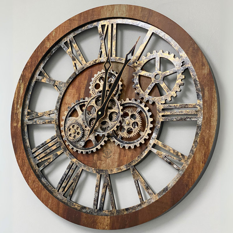 24" Rustic Industrial Oversized Wall Clock with Moving Gears