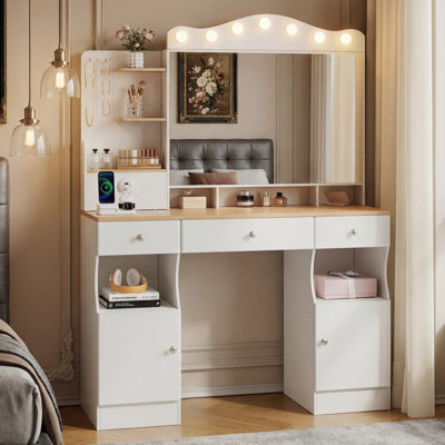 Make up Vanity with Lighted TriFold Mirror  USB Makeup Vanity Desk with 3 Drawers  Side Cabinets